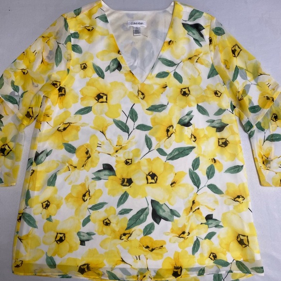 Calvin Klein🌼Floral Print V-Neck Chiffon 3/4 Ruffle
Sleeve Top Size S/CH/P - Picture 3 of 11